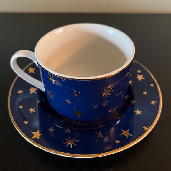 Set of 2 Vintage Sakura GALAXY Blue Fine Porcelain Cups & Saucers 14k Gold Stars - Picture 3 of 11